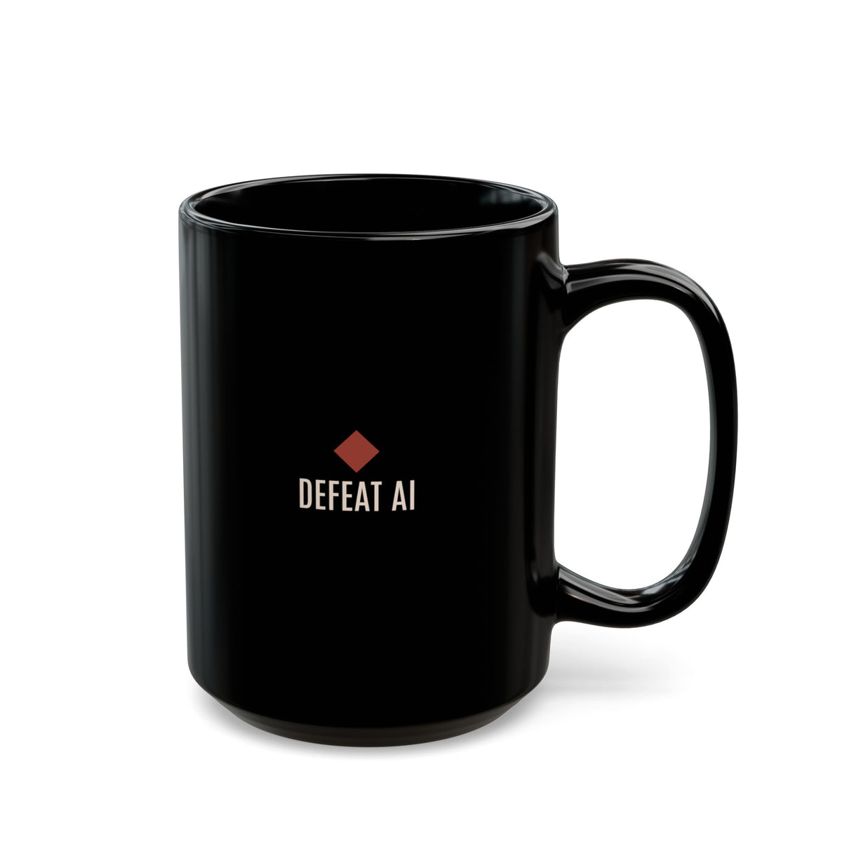 Black 15 oz G>AI ceramic mug with Defeat AI logo, back view