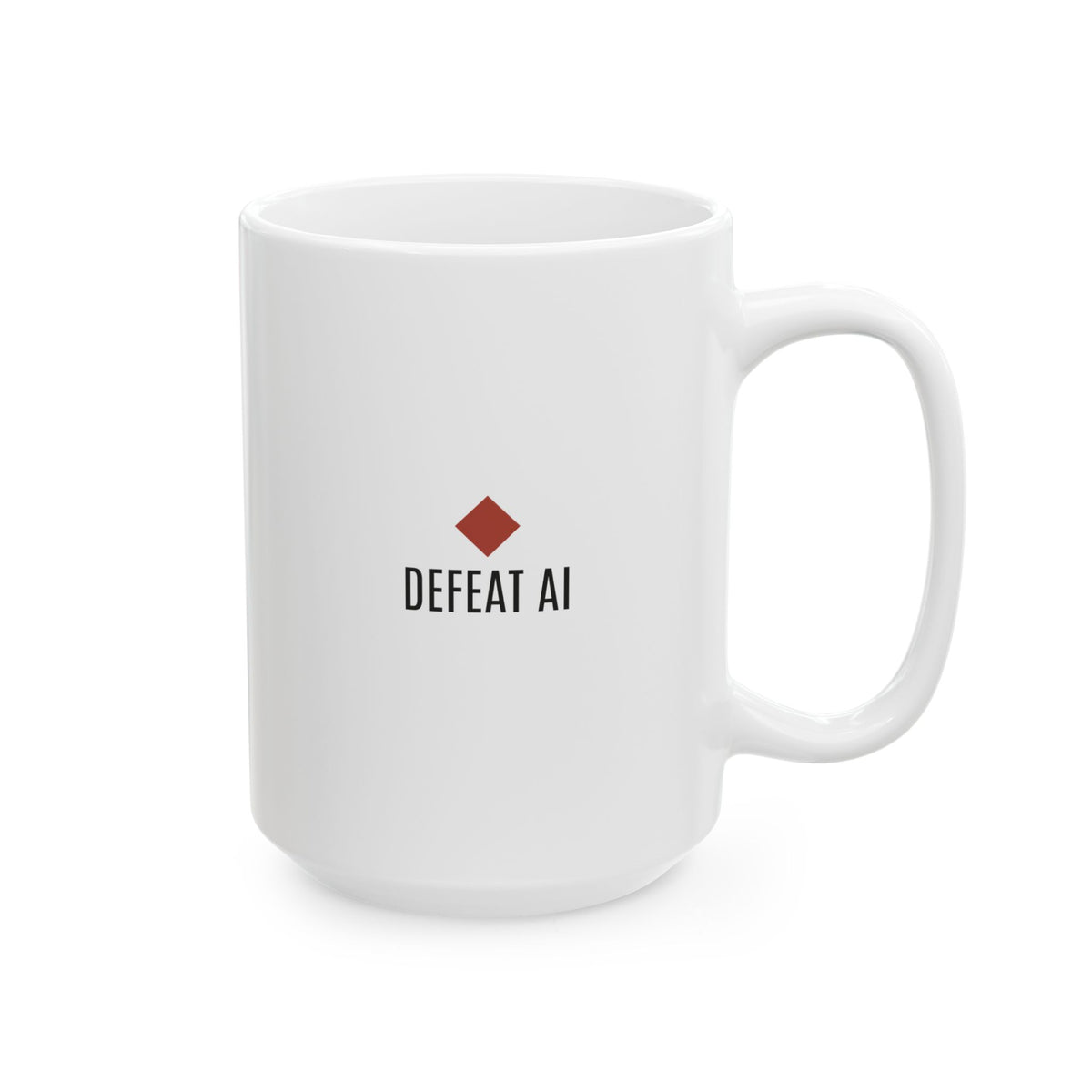 White 15 oz G>AI ceramic mug with Defeat AI logo, back view
