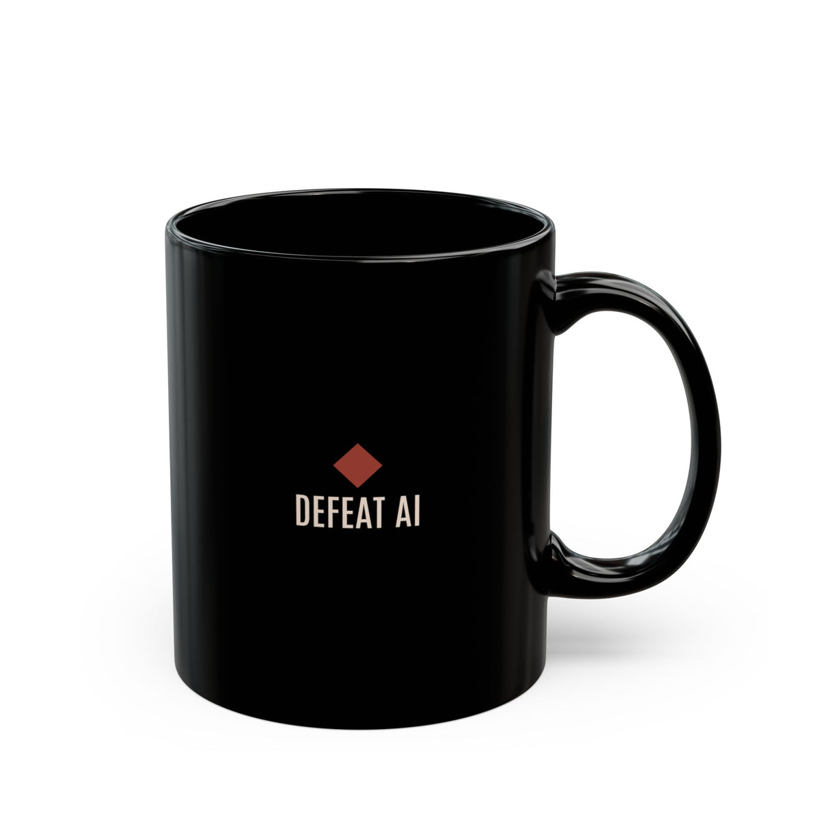 Black 11 oz G>AI ceramic mug with Defeat AI logo, back view