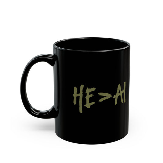 He Is Greater Than AI (HE>AI™) Black Ceramic Coffee Mug