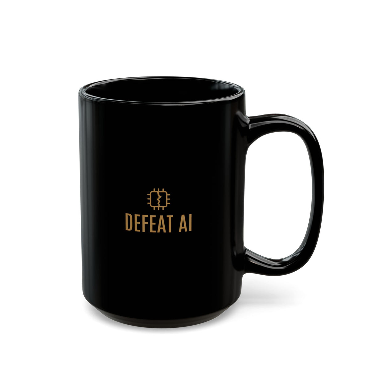 Black 15 oz Stay Awake ceramic mug with Defeat AI logo, back view