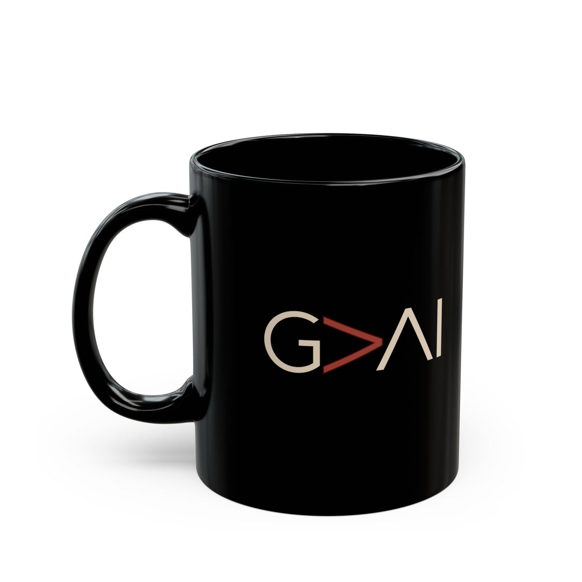 Black 11 oz G>AI God Is Greater Than AI ceramic mug, front view