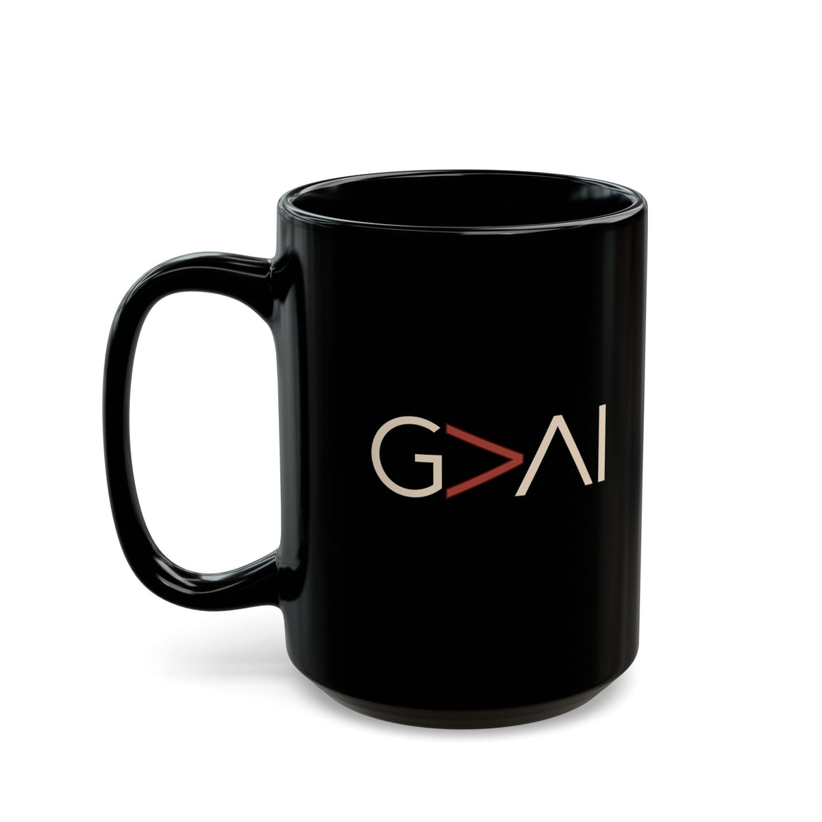 Black 15 oz G>AI God Is Greater Than AI ceramic mug, front view