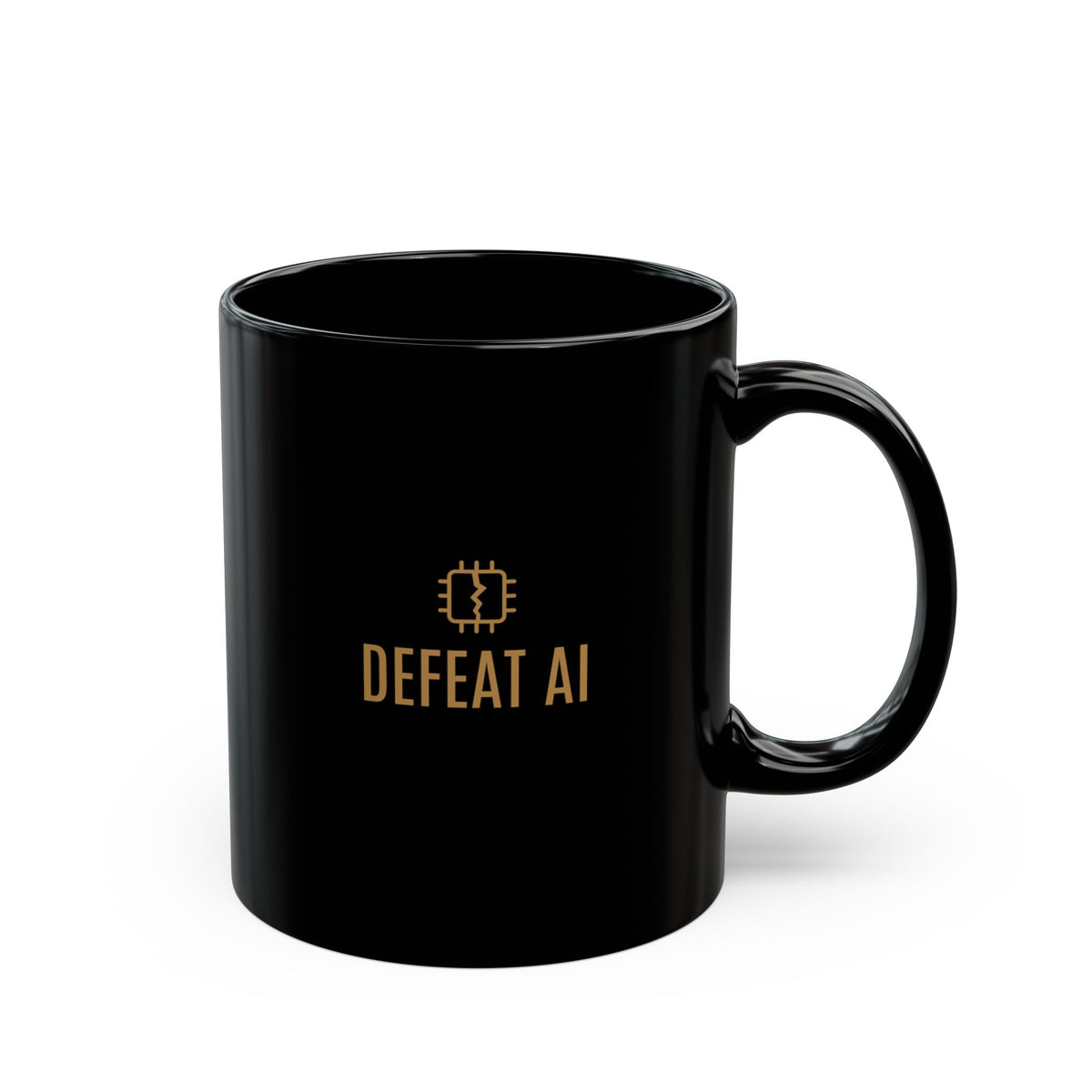 Black 11 oz Stay Awake ceramic mug with Defeat AI logo, back view
