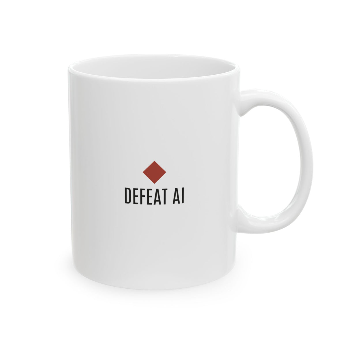 White 11 oz G>AI ceramic mug with Defeat AI logo, back view
