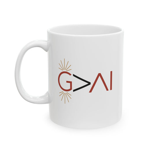 God Is Greater Than AI (G>AI™) White Ceramic Coffee Mug