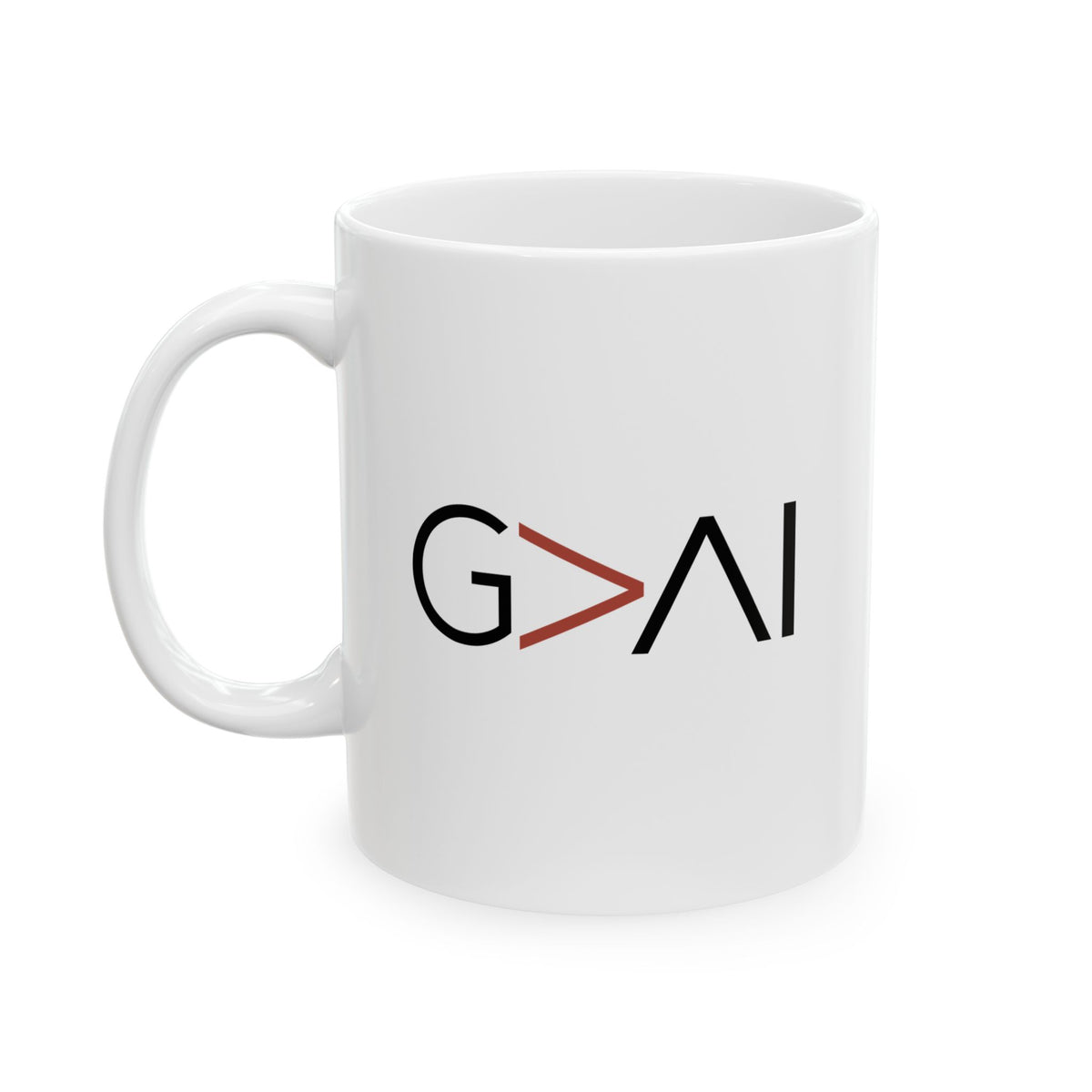White 11 oz G>AI God Is Greater Than AI ceramic mug, front view