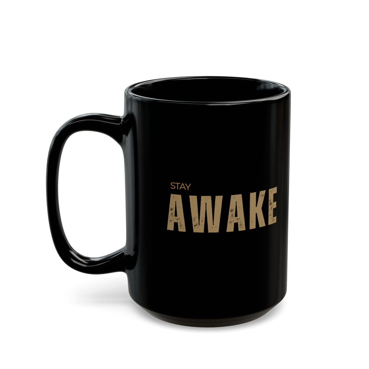 Black 15 oz Stay Awake ceramic coffee mug, front view