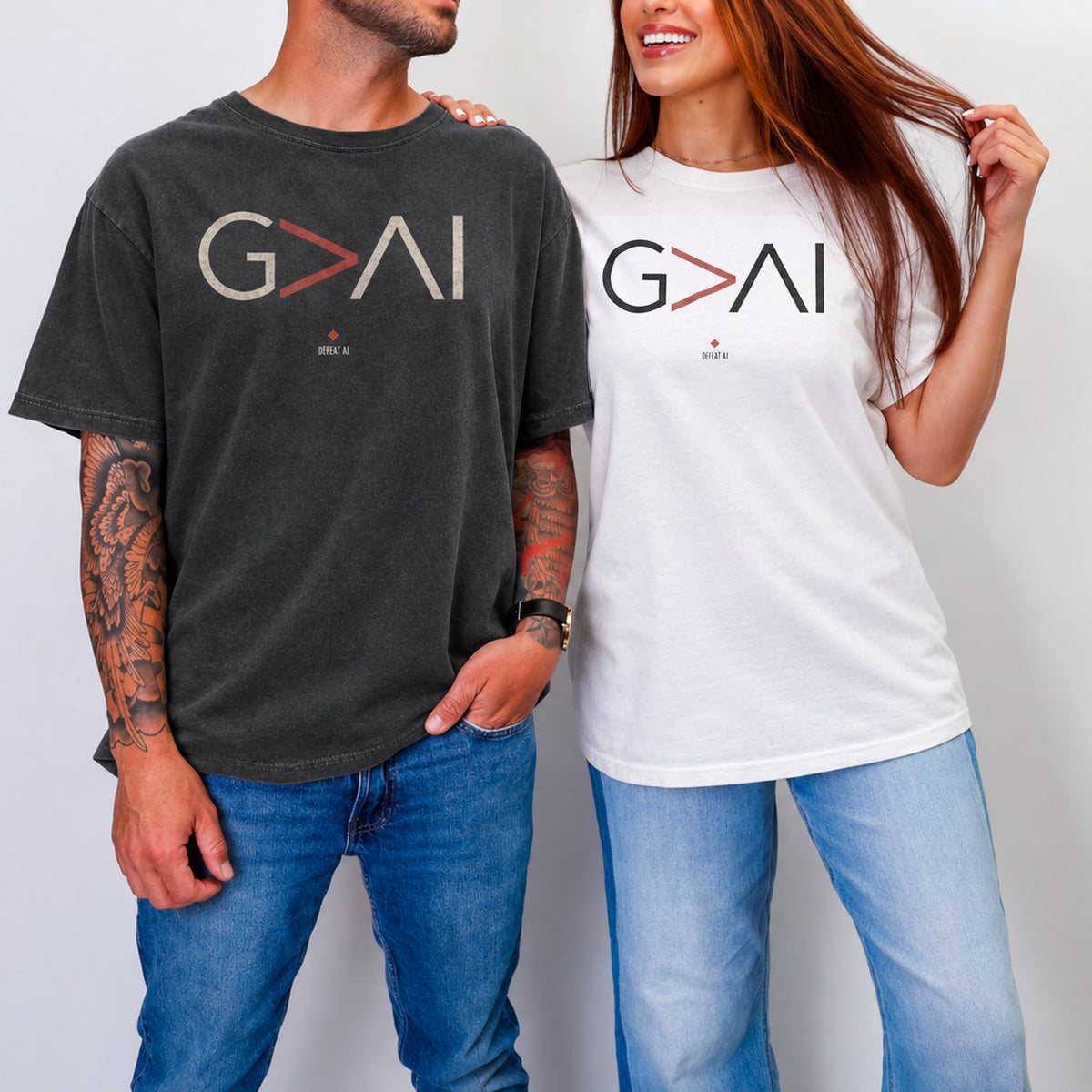 Man and woman wearing G>AI God Is Greater Than AI Comfort Colors T-shirts in Pepper and White