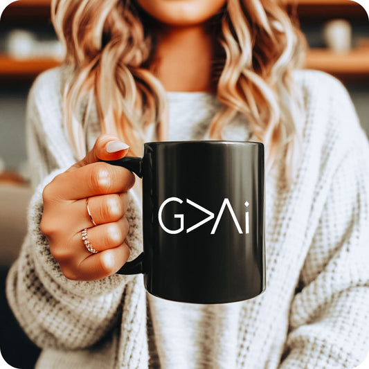 God is Greater than Ai (G>Ai) Black Ceramic Coffee Mug