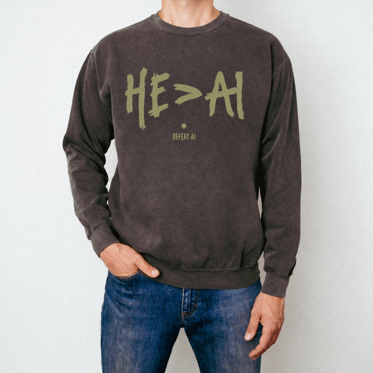 HE>AI™ faith-based unisex crewneck sweatshirt in dark brown