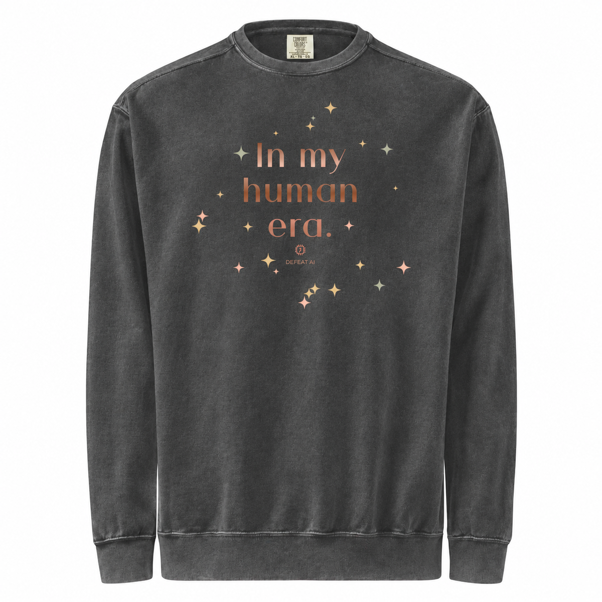 Distressed Pepper In My Human Era garment-dyed sweatshirt front, matching the White mockup shape