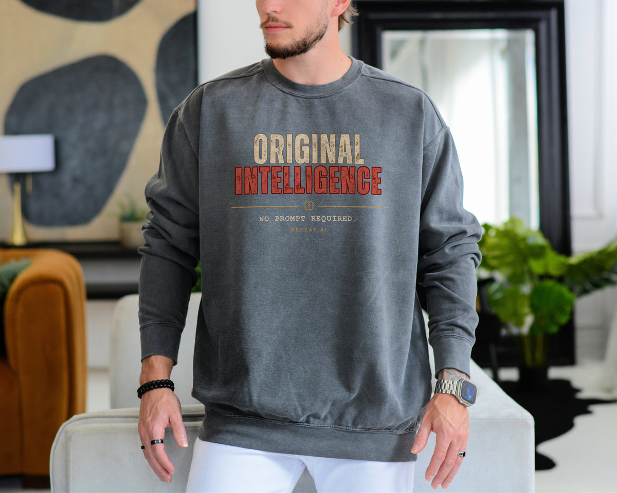 Man wearing the Original Intelligence Pepper garment-dyed sweatshirt