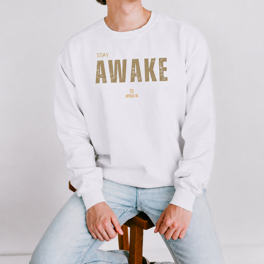 Model wearing the Stay Awake garment-dyed sweatshirt in white