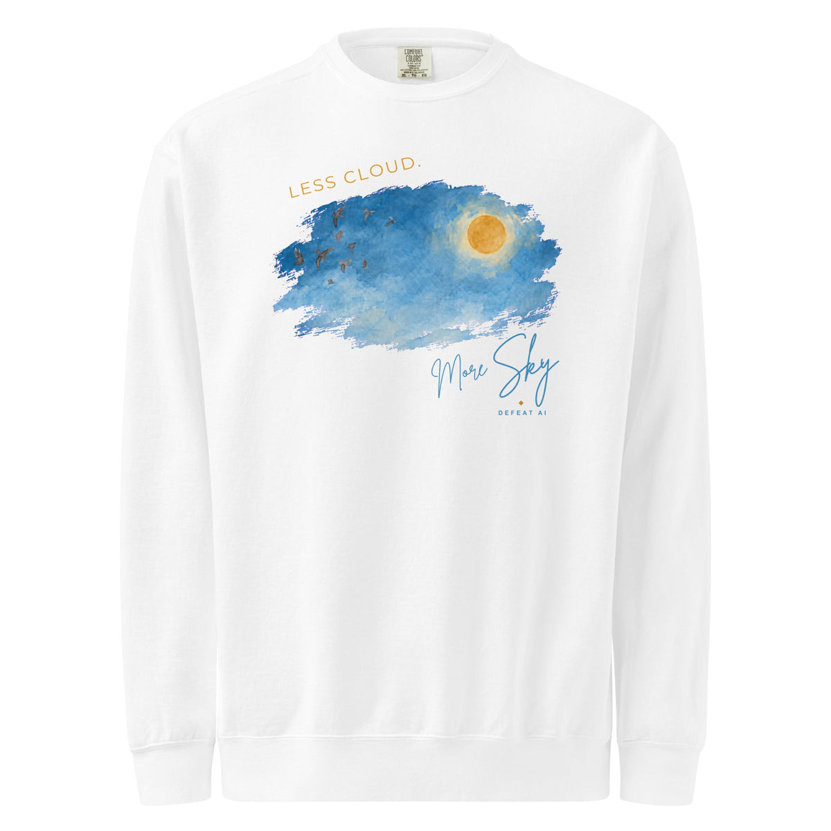 Less Cloud, More Sky unisex crewneck sweatshirt in white